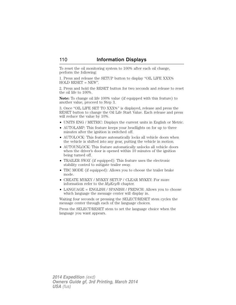 110 information displays | FORD 2014 Expedition v.3 User Manual | Page 111 / 520