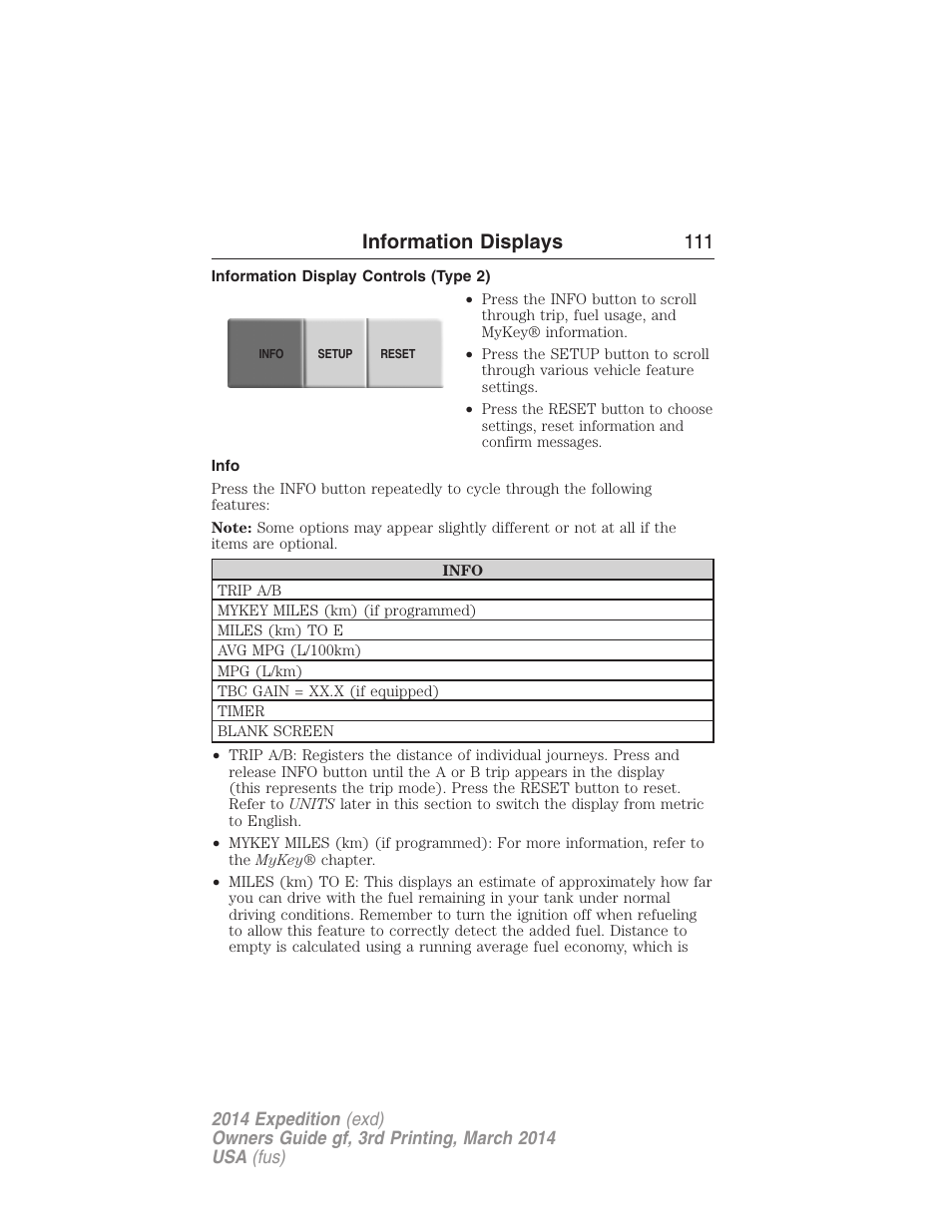 Information display controls (type 2), Info, Information displays 111 | FORD 2014 Expedition v.3 User Manual | Page 112 / 520