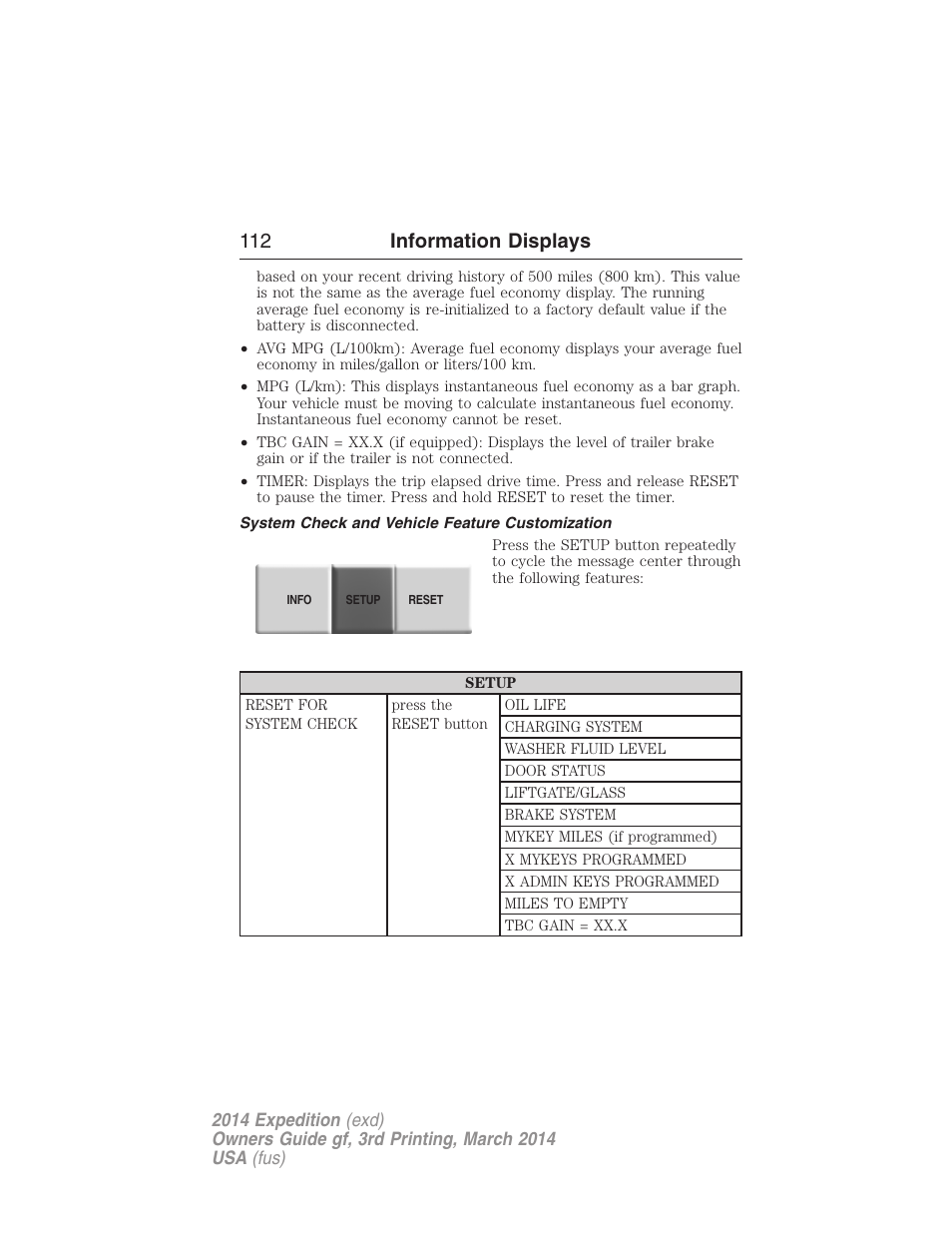 System check and vehicle feature customization, 112 information displays | FORD 2014 Expedition v.3 User Manual | Page 113 / 520