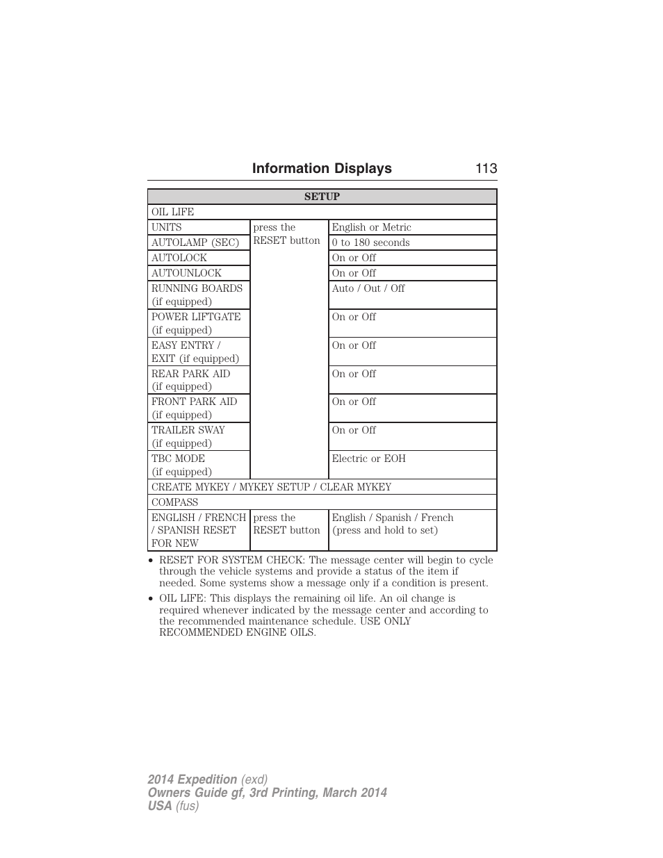 Information displays 113 | FORD 2014 Expedition v.3 User Manual | Page 114 / 520