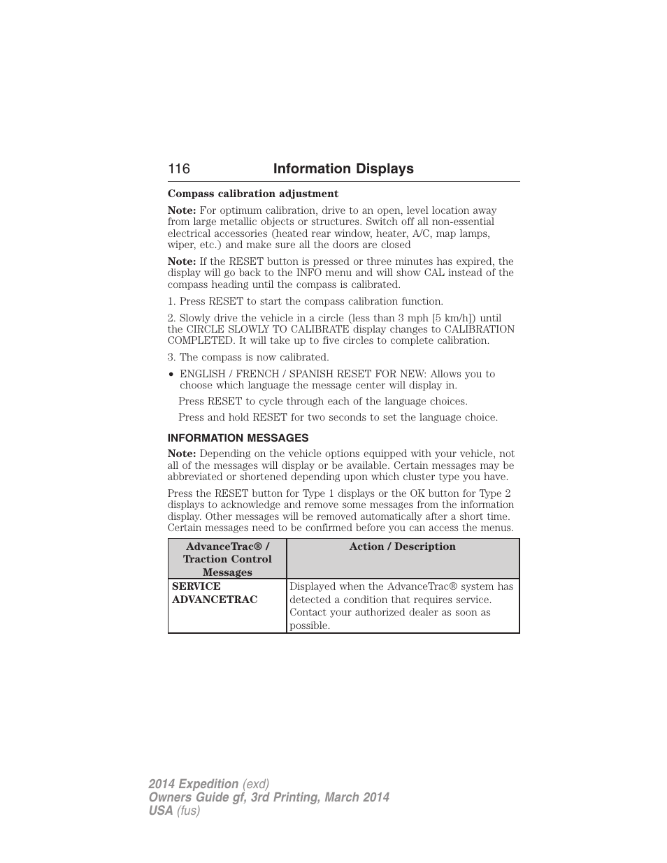 Information messages, 116 information displays | FORD 2014 Expedition v.3 User Manual | Page 117 / 520
