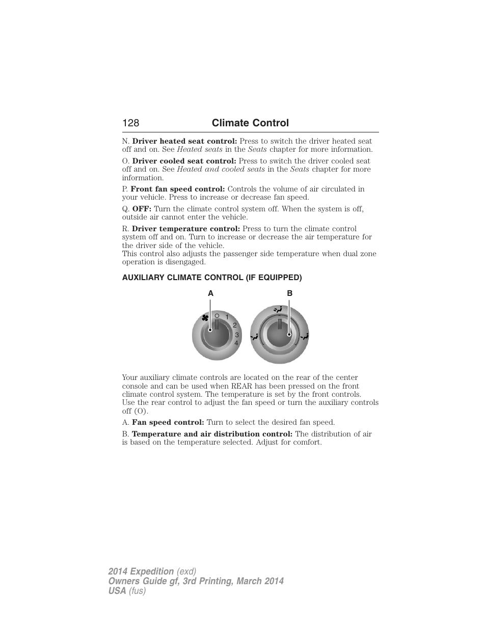 Auxiliary climate control (if equipped), 128 climate control | FORD 2014 Expedition v.3 User Manual | Page 129 / 520