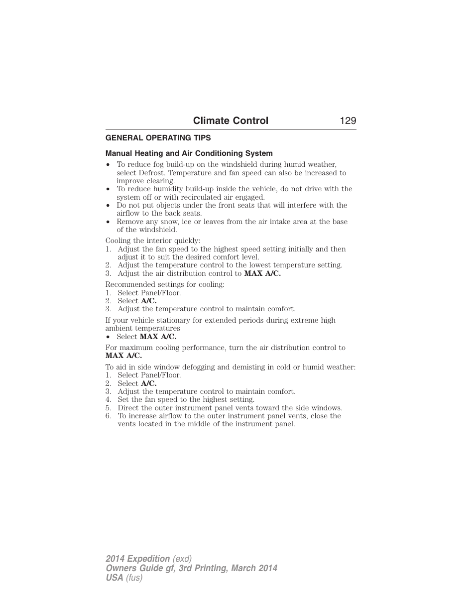 General operating tips, Manual heating and air conditioning system, Climate control 129 | FORD 2014 Expedition v.3 User Manual | Page 130 / 520