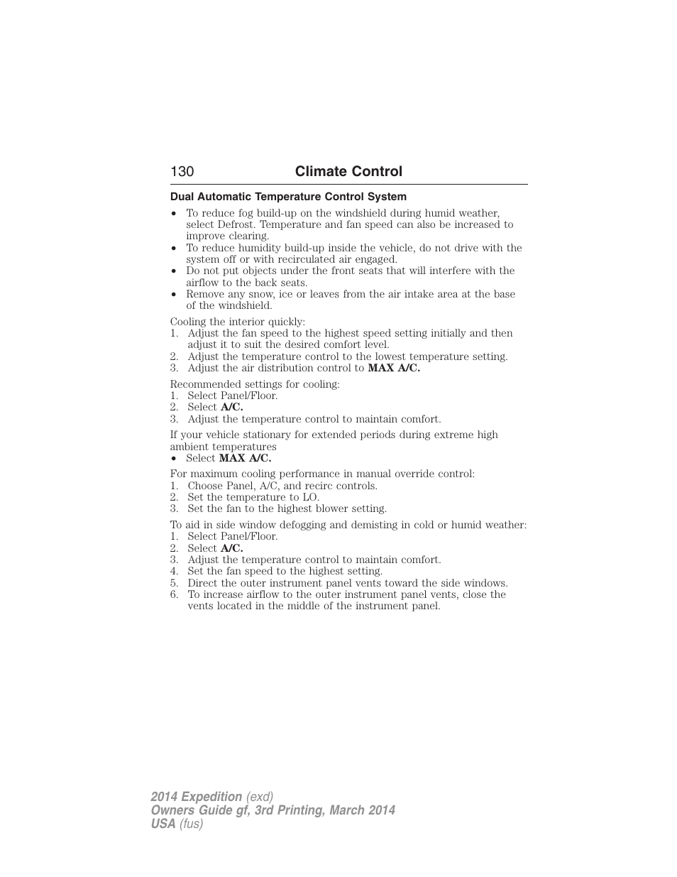 Dual automatic temperature control system, 130 climate control | FORD 2014 Expedition v.3 User Manual | Page 131 / 520