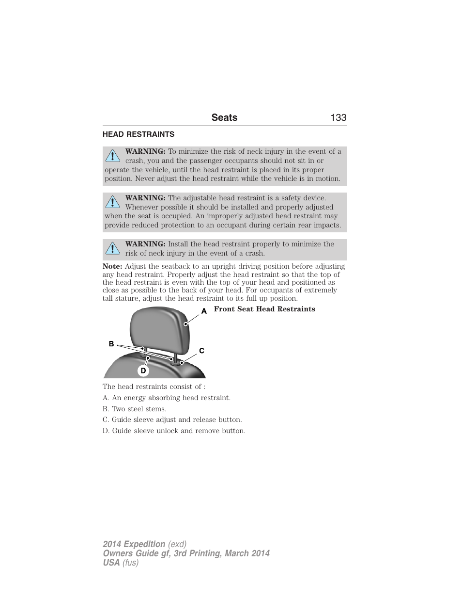 Head restraints, Seats 133 | FORD 2014 Expedition v.3 User Manual | Page 134 / 520