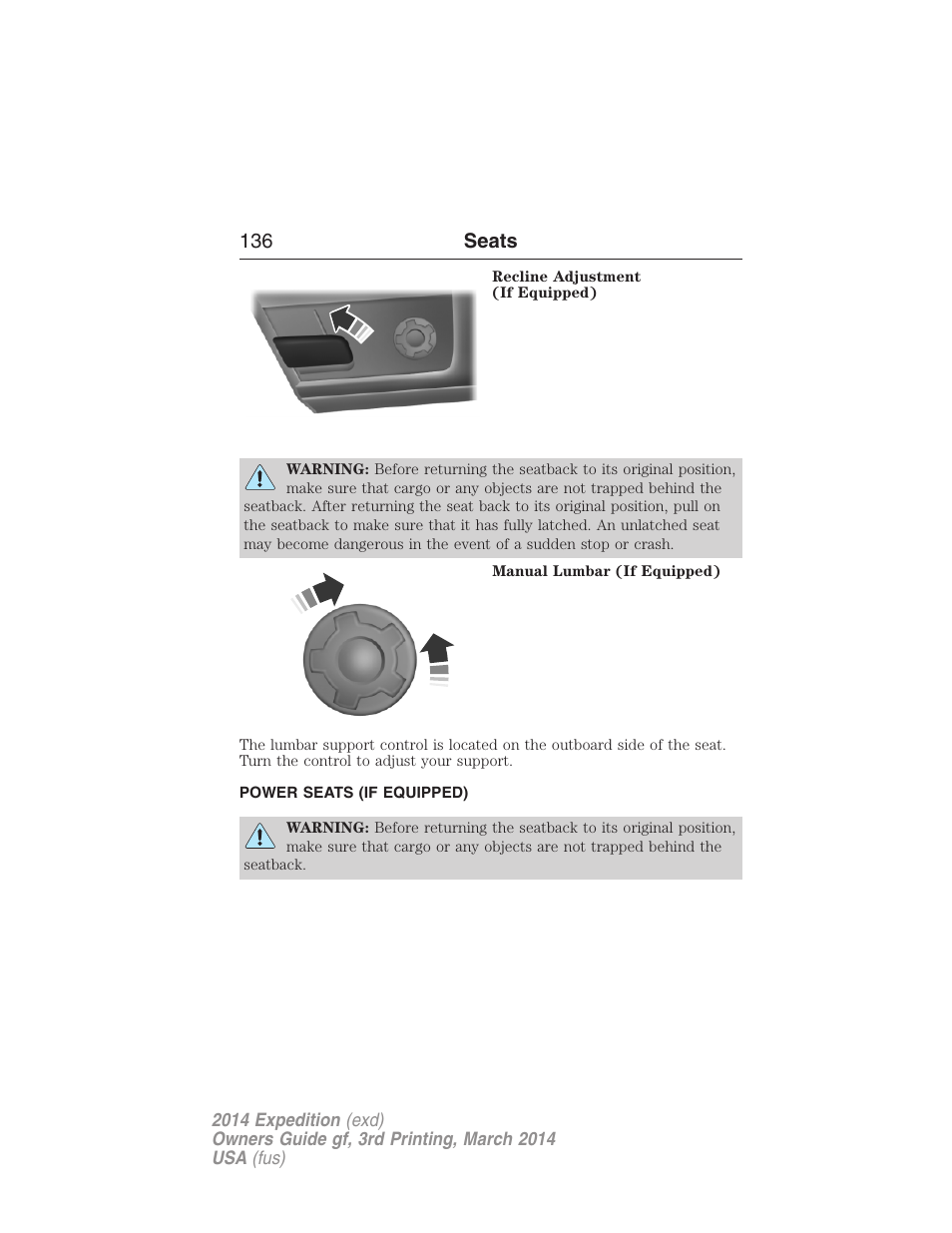 Power seats (if equipped), Power seats, 136 seats | FORD 2014 Expedition v.3 User Manual | Page 137 / 520