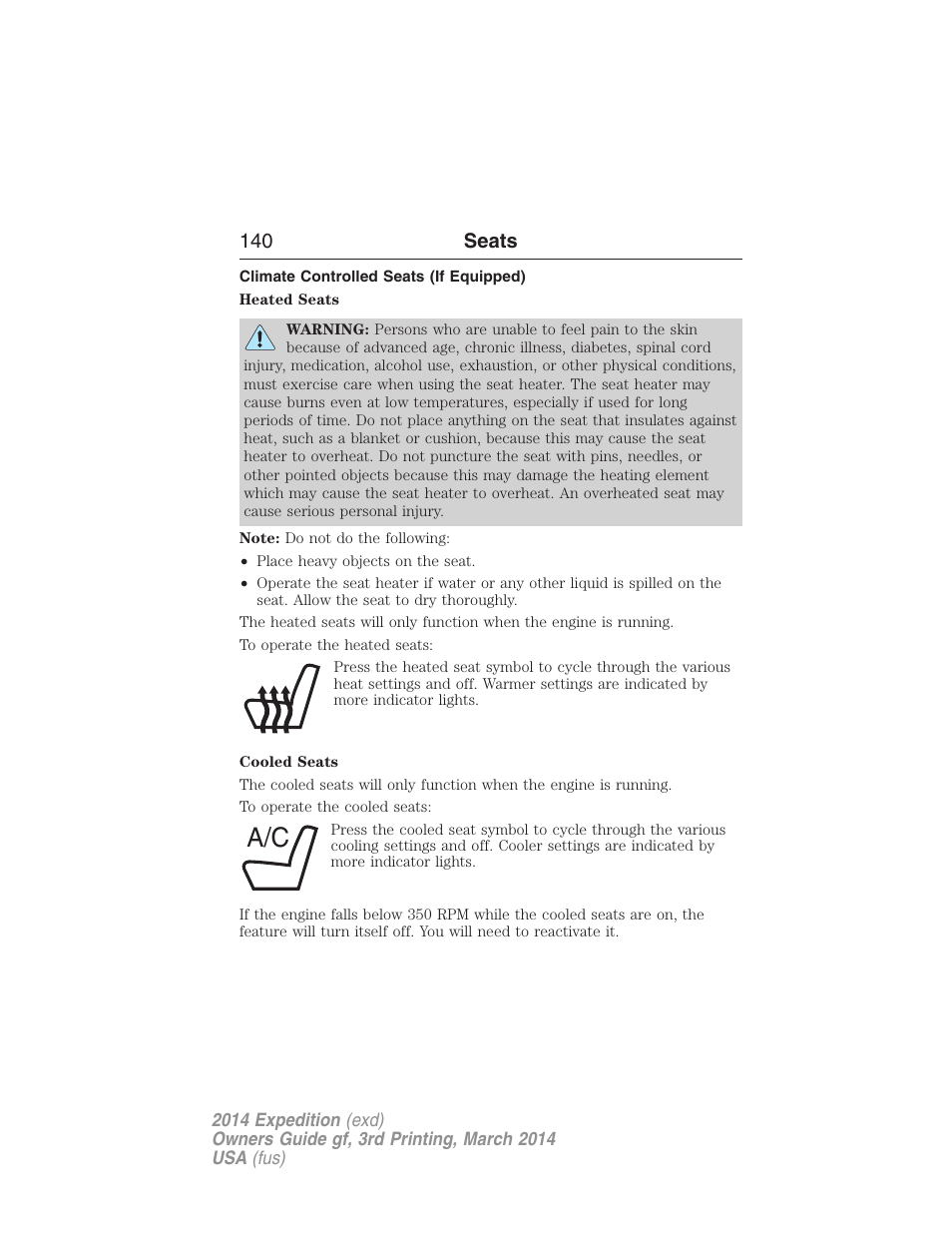 Climate controlled seats (if equipped), 140 seats | FORD 2014 Expedition v.3 User Manual | Page 141 / 520