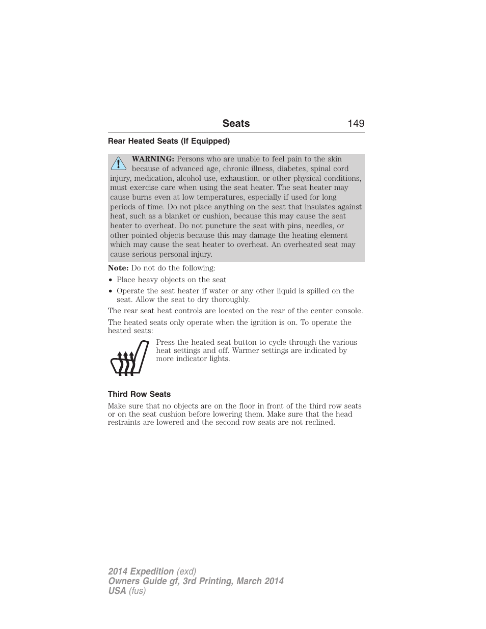Rear heated seats (if equipped), Third row seats, Seats 149 | FORD 2014 Expedition v.3 User Manual | Page 150 / 520