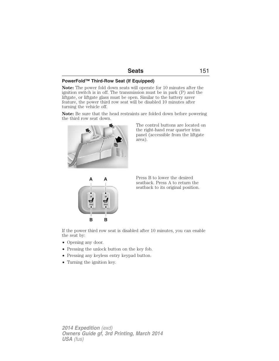 Powerfold™ third-row seat (if equipped), Seats 151 | FORD 2014 Expedition v.3 User Manual | Page 152 / 520