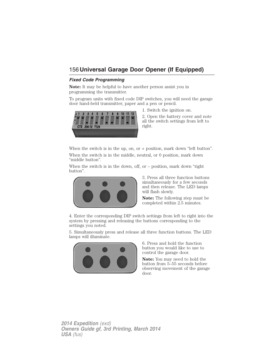 Fixed code programming, 156 universal garage door opener (if equipped) | FORD 2014 Expedition v.3 User Manual | Page 157 / 520