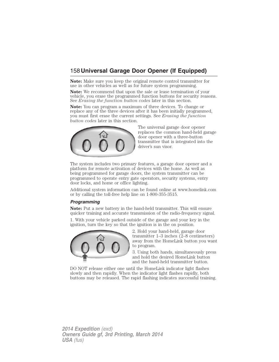 Programming, 158 universal garage door opener (if equipped) | FORD 2014 Expedition v.3 User Manual | Page 159 / 520