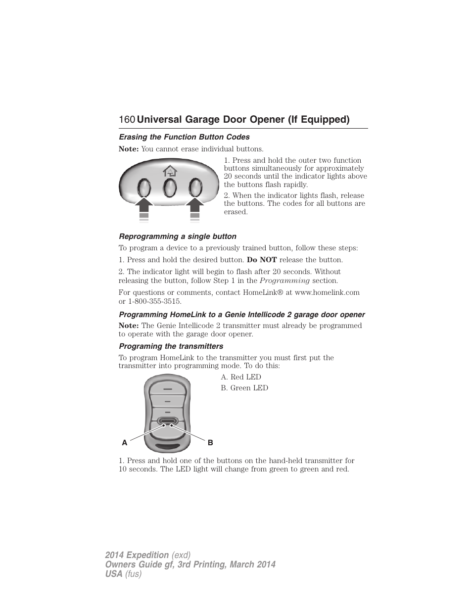 Erasing the function button codes, Reprogramming a single button, Programing the transmitters | 160 universal garage door opener (if equipped) | FORD 2014 Expedition v.3 User Manual | Page 161 / 520