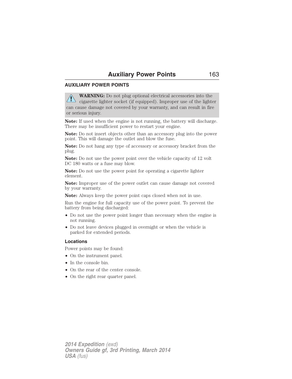 Auxiliary power points, Locations, Auxiliary power points 163 | FORD 2014 Expedition v.3 User Manual | Page 164 / 520