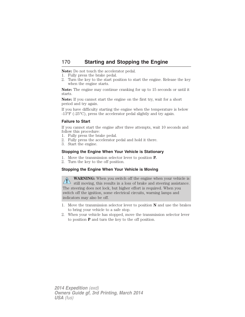 Failure to start, Stopping the engine when your vehicle is moving, 170 starting and stopping the engine | FORD 2014 Expedition v.3 User Manual | Page 171 / 520