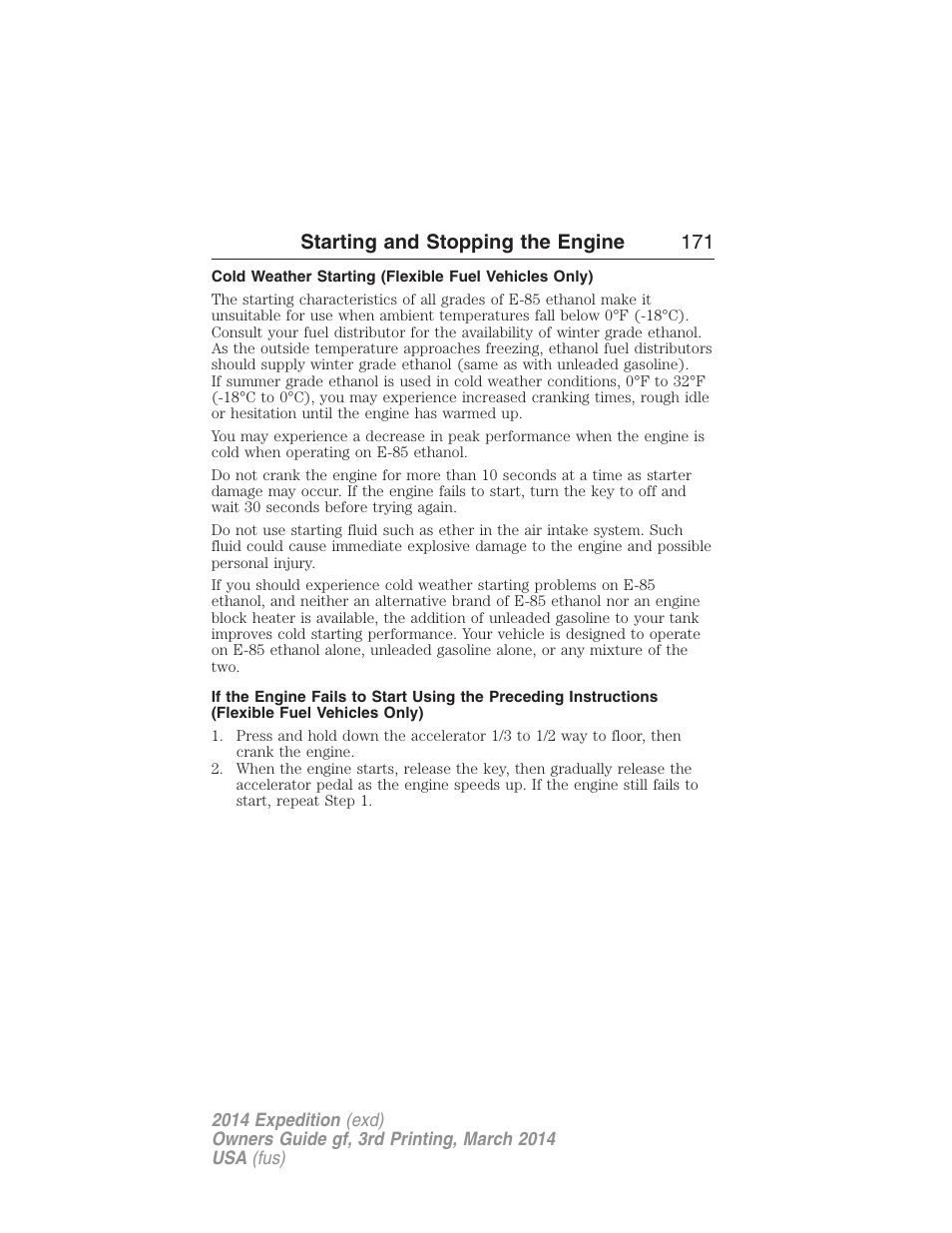 Starting and stopping the engine 171 | FORD 2014 Expedition v.3 User Manual | Page 172 / 520