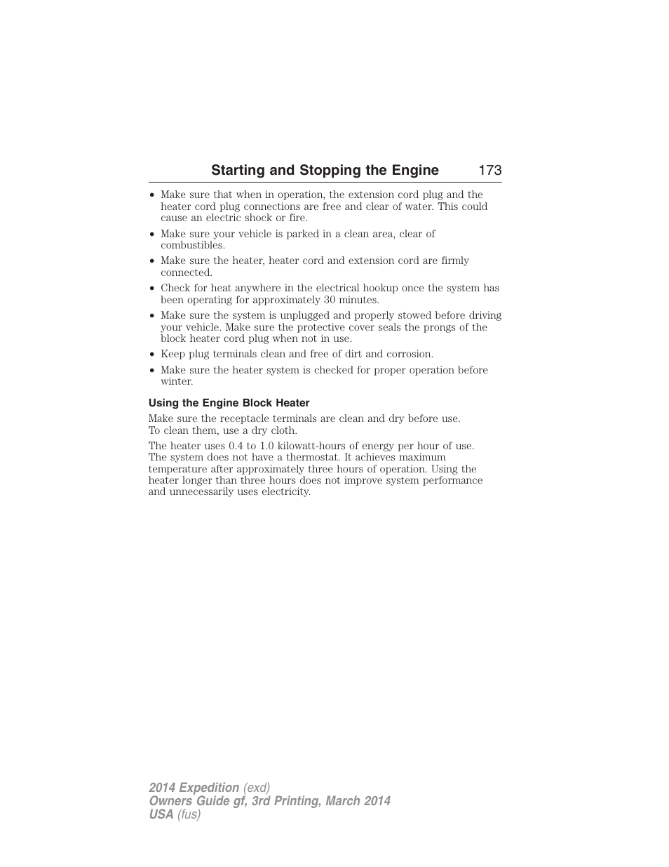 Using the engine block heater, Starting and stopping the engine 173 | FORD 2014 Expedition v.3 User Manual | Page 174 / 520