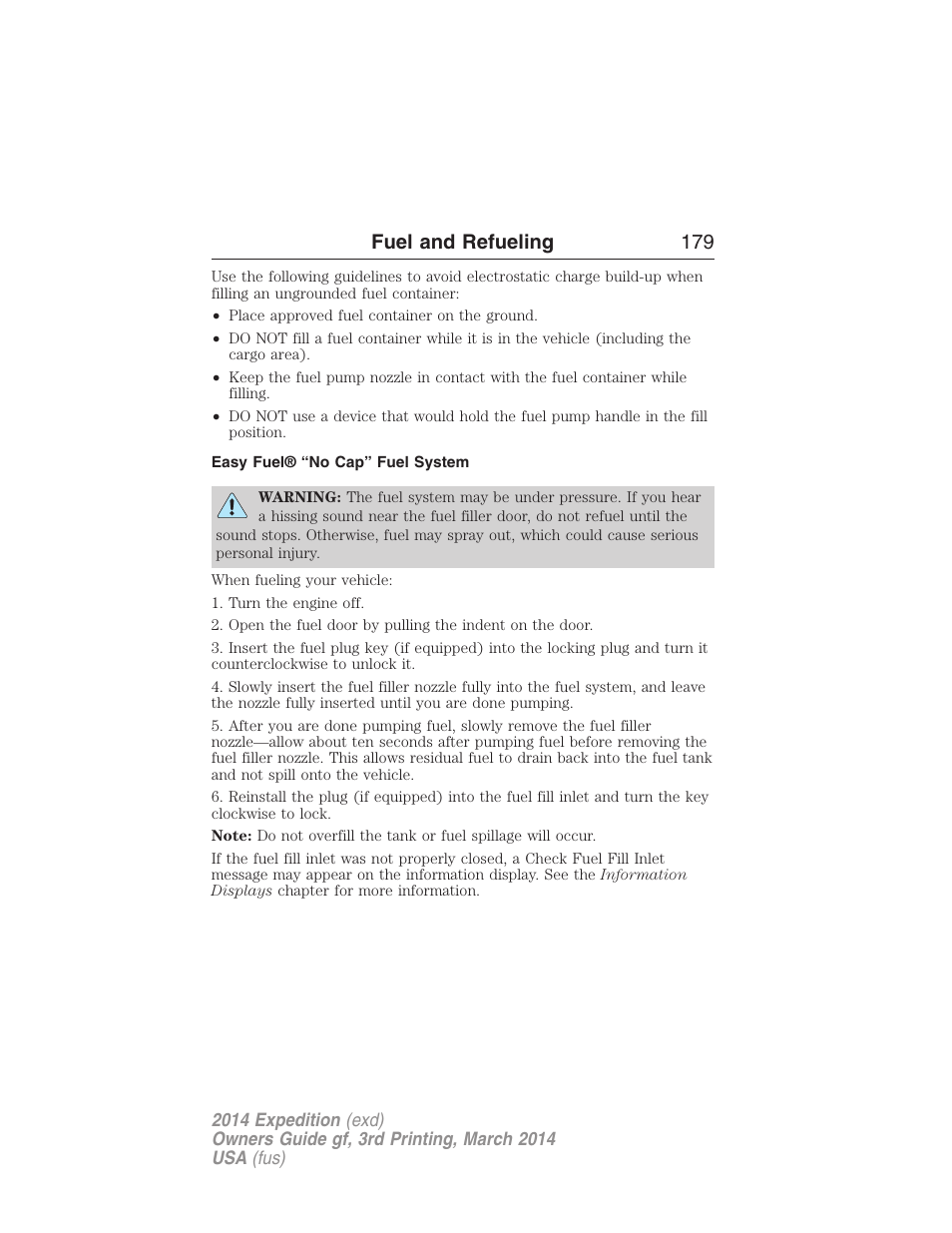 Easy fuel® “no cap” fuel system, Fuel and refueling 179 | FORD 2014 Expedition v.3 User Manual | Page 180 / 520