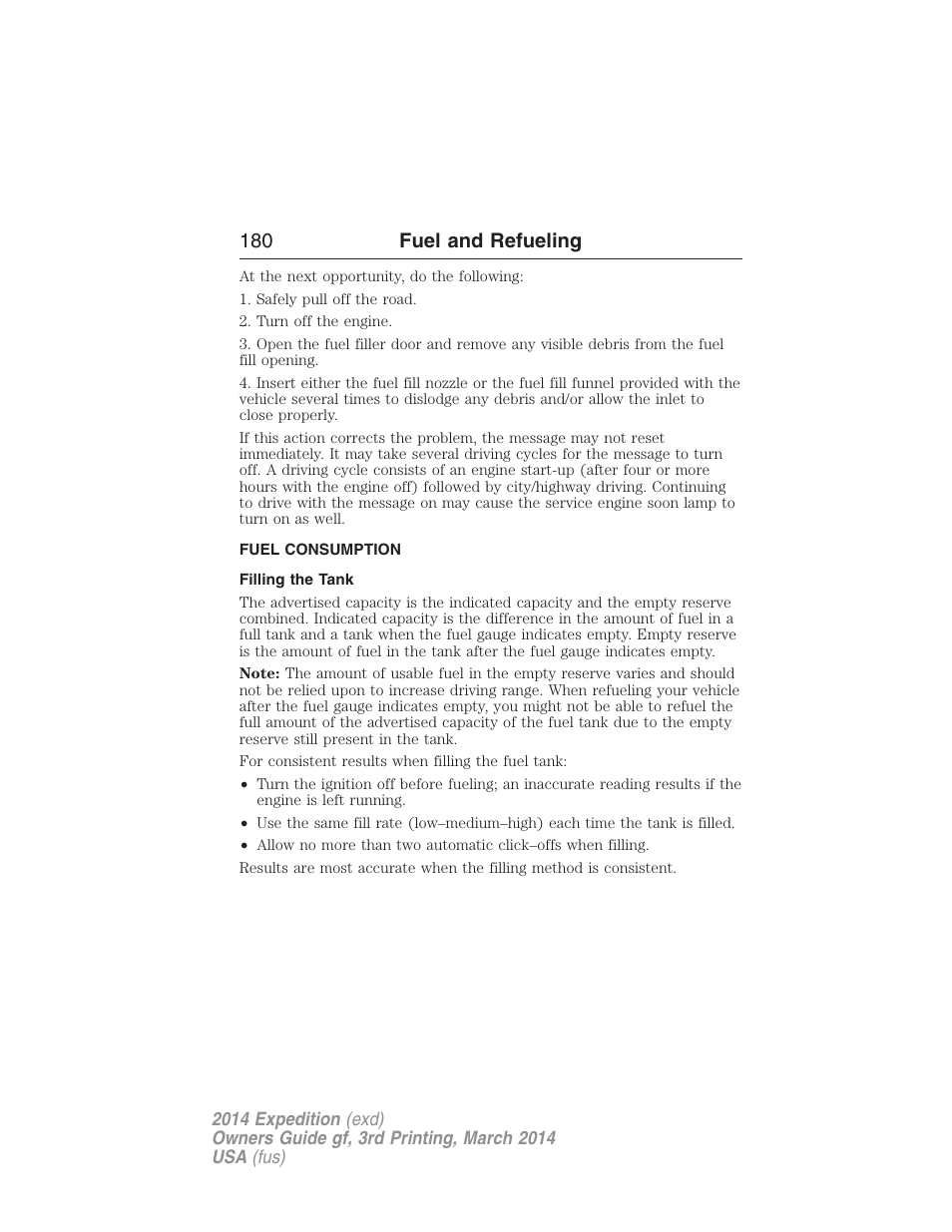 Fuel consumption, Filling the tank, 180 fuel and refueling | FORD 2014 Expedition v.3 User Manual | Page 181 / 520