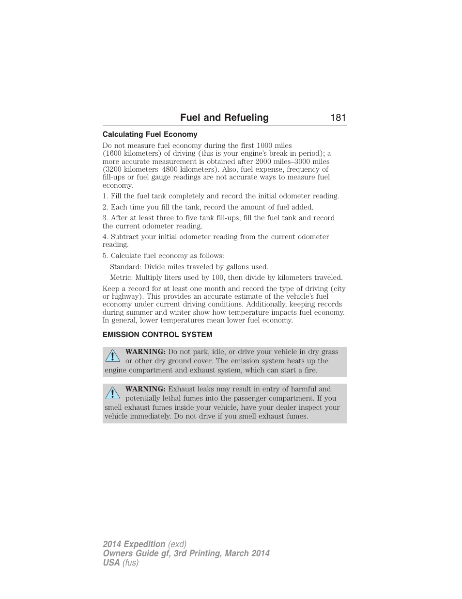 Calculating fuel economy, Emission control system, Fuel and refueling 181 | FORD 2014 Expedition v.3 User Manual | Page 182 / 520
