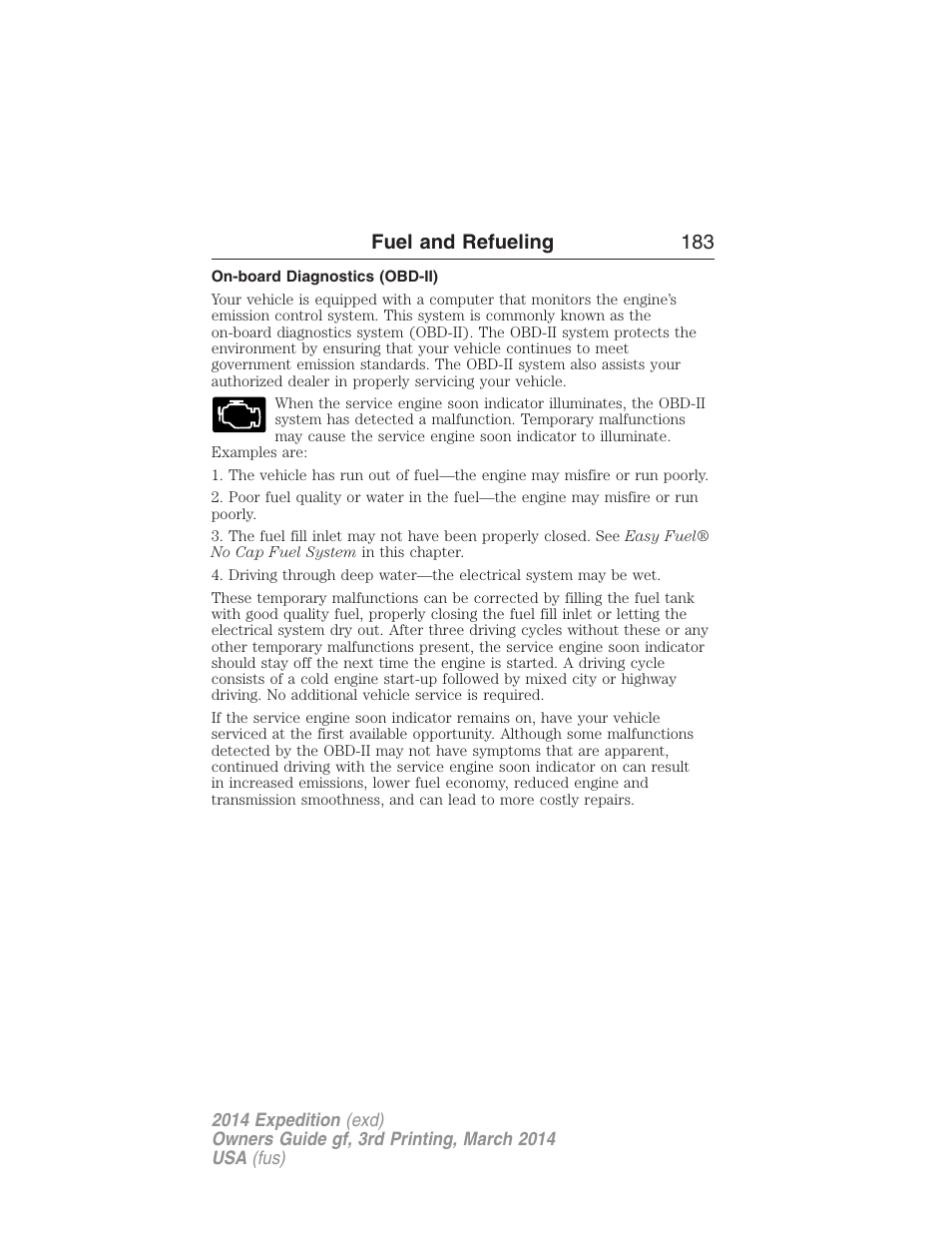 On-board diagnostics (obd-ii), Fuel and refueling 183 | FORD 2014 Expedition v.3 User Manual | Page 184 / 520