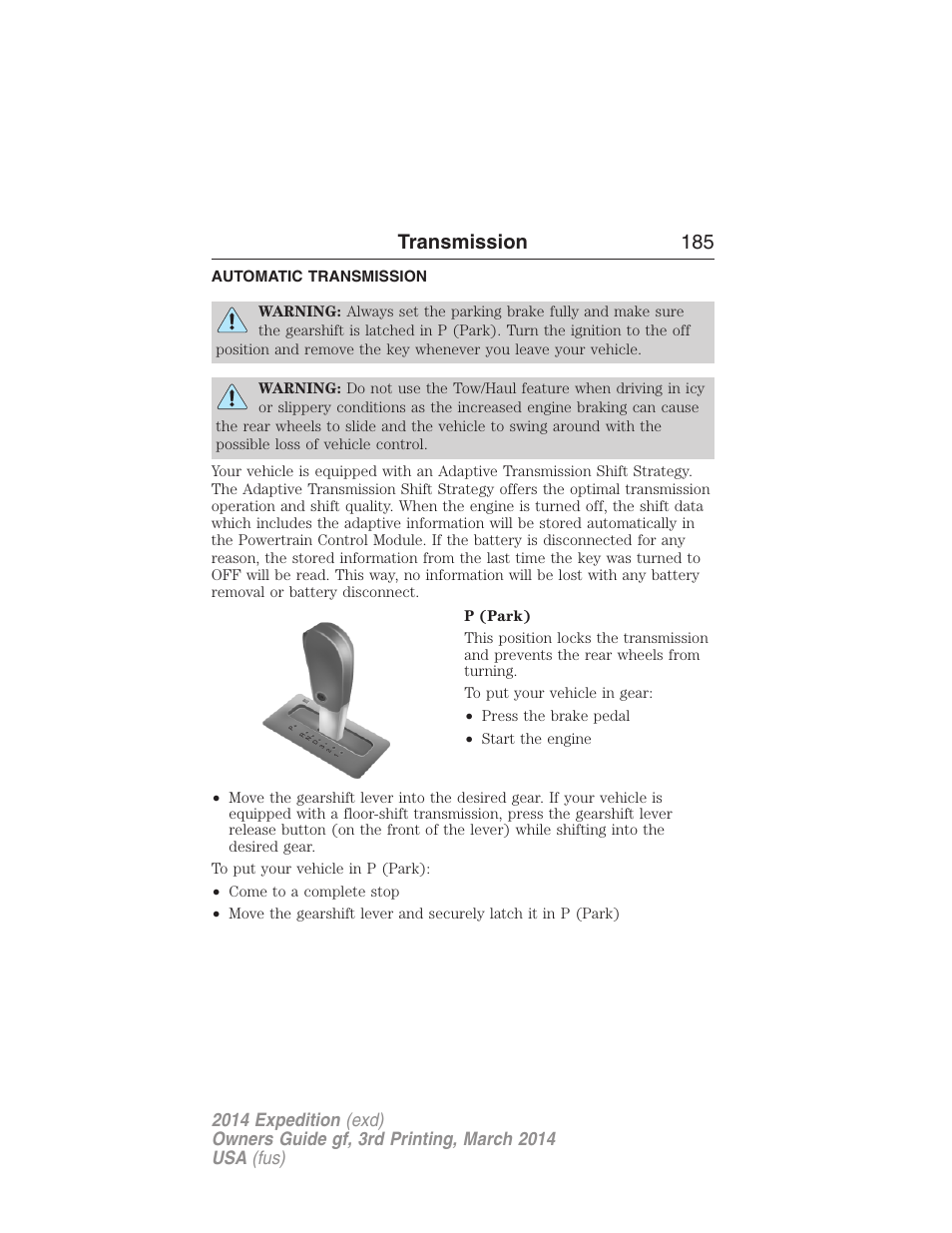 Transmission, Automatic transmission, Transmission 185 | FORD 2014 Expedition v.3 User Manual | Page 186 / 520