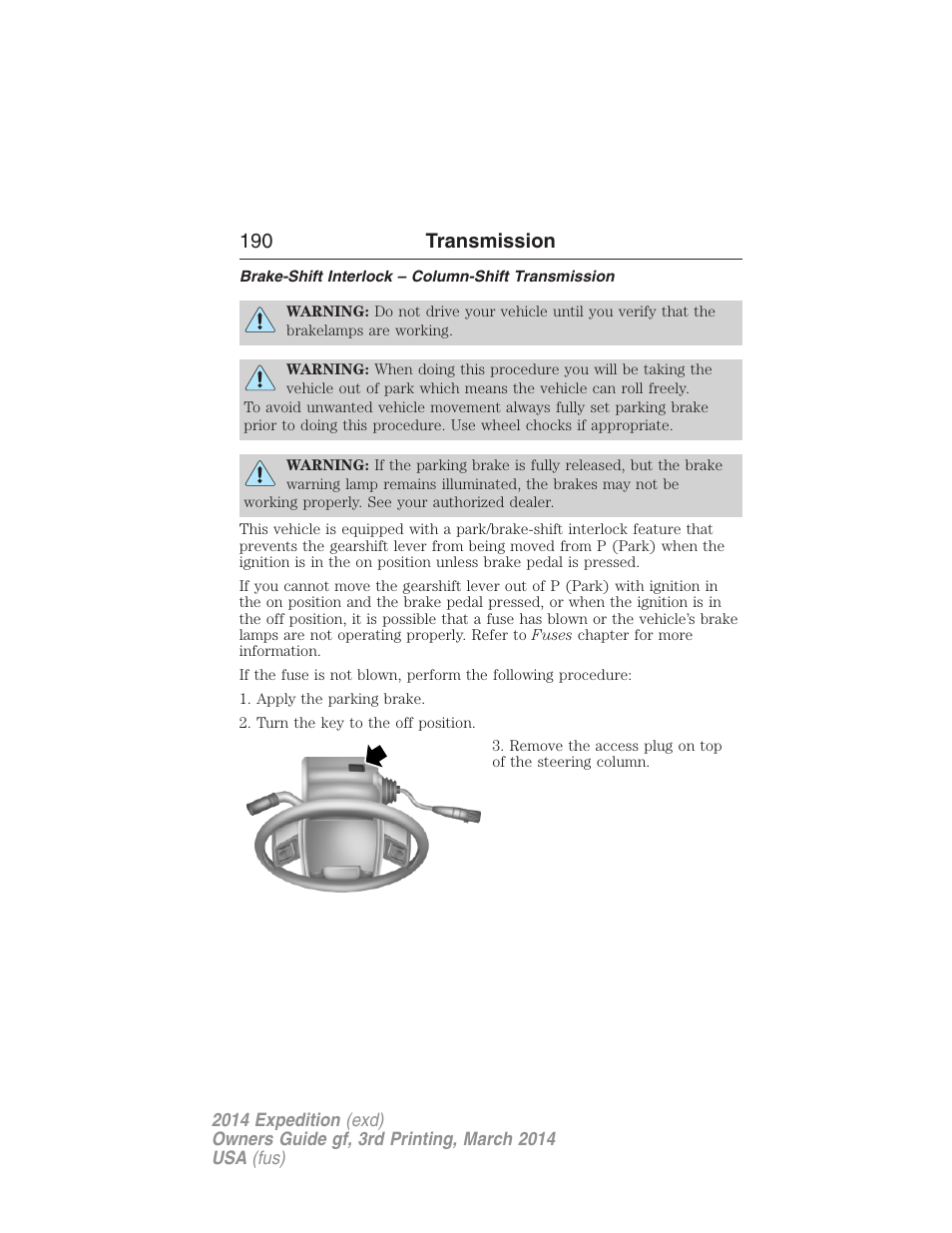 Brake-shift interlock – column-shift transmission, 190 transmission | FORD 2014 Expedition v.3 User Manual | Page 191 / 520