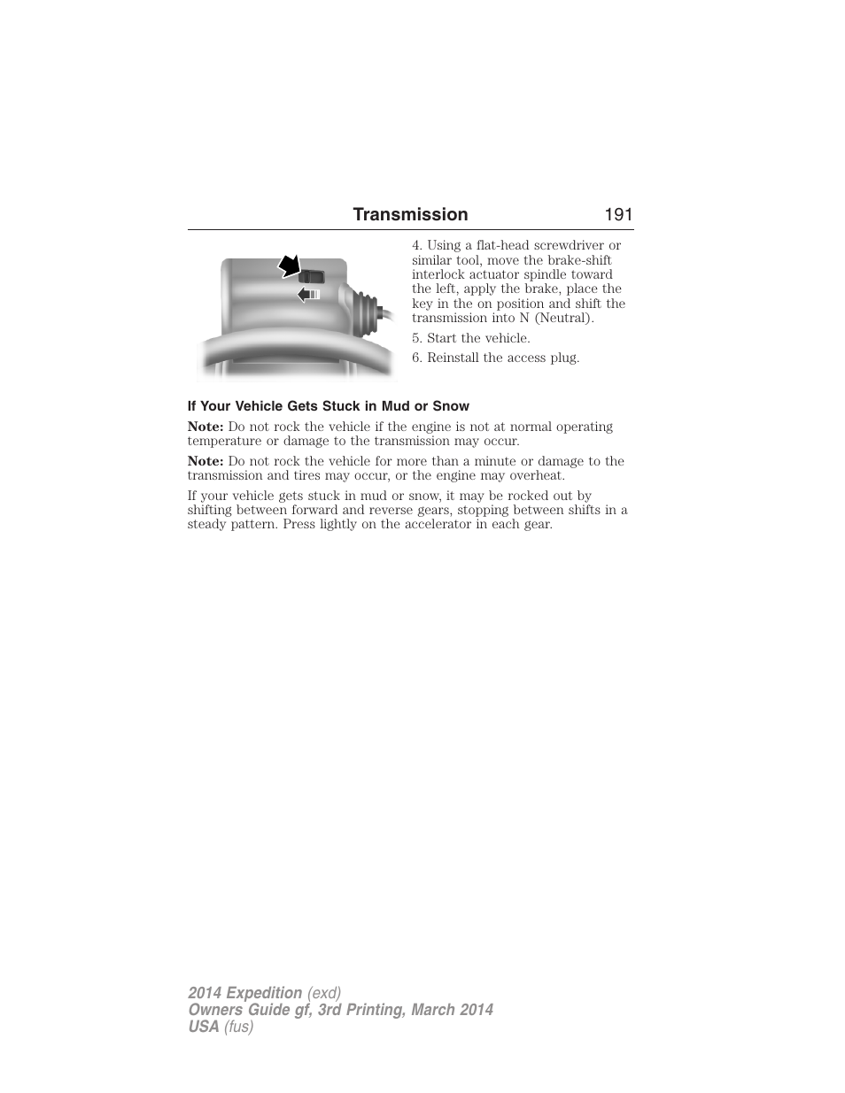 If your vehicle gets stuck in mud or snow, Transmission 191 | FORD 2014 Expedition v.3 User Manual | Page 192 / 520