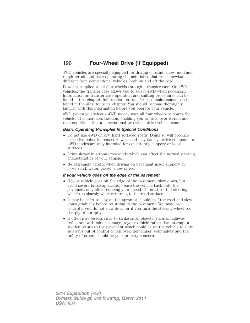 Basic operating principles in special conditions, If your vehicle goes off the edge of the pavement, 196 four-wheel drive (if equipped) | FORD 2014 Expedition v.3 User Manual | Page 197 / 520