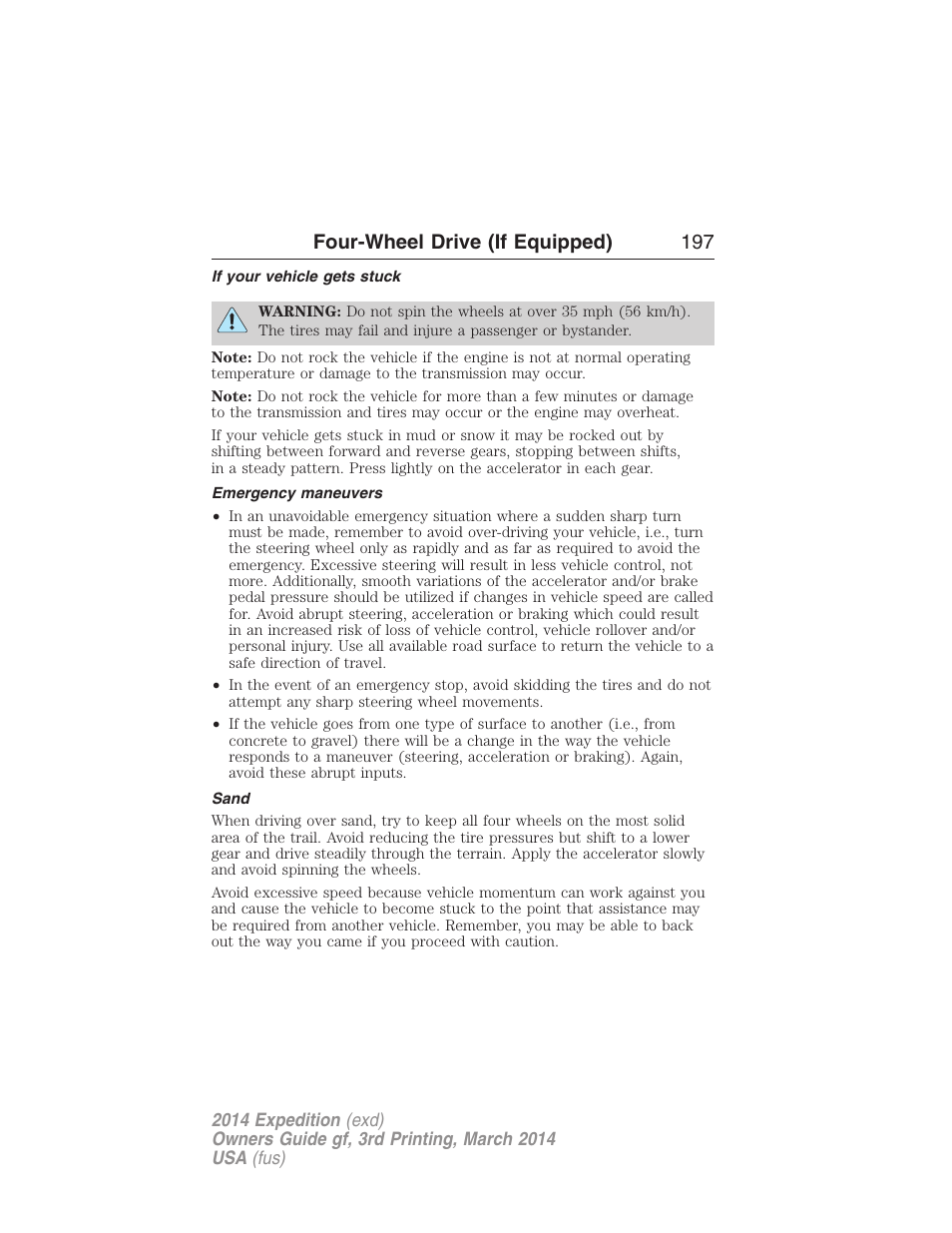 If your vehicle gets stuck, Emergency maneuvers, Sand | Four-wheel drive (if equipped) 197 | FORD 2014 Expedition v.3 User Manual | Page 198 / 520