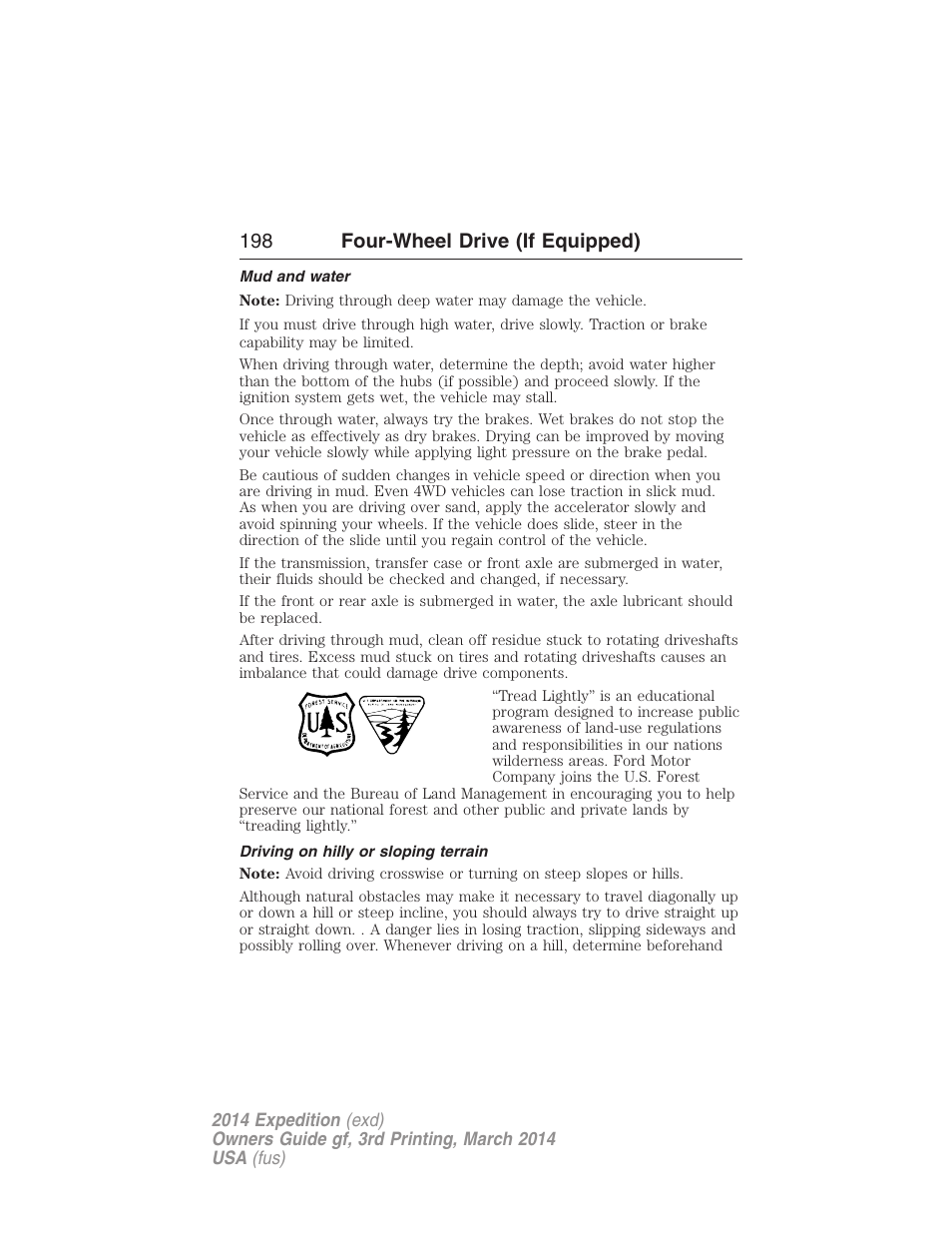 Mud and water, Driving on hilly or sloping terrain, 198 four-wheel drive (if equipped) | FORD 2014 Expedition v.3 User Manual | Page 199 / 520