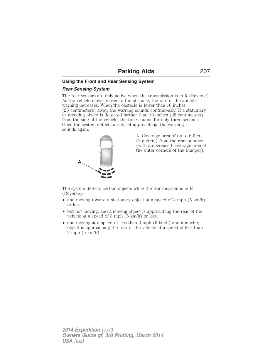 Using the front and rear sensing system, Rear sensing system, Parking aids 207 | FORD 2014 Expedition v.3 User Manual | Page 208 / 520