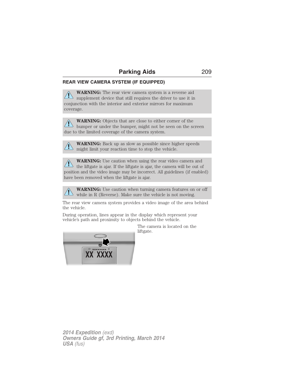 Rear view camera system (if equipped), Rear-view camera system, Parking aids 209 | FORD 2014 Expedition v.3 User Manual | Page 210 / 520