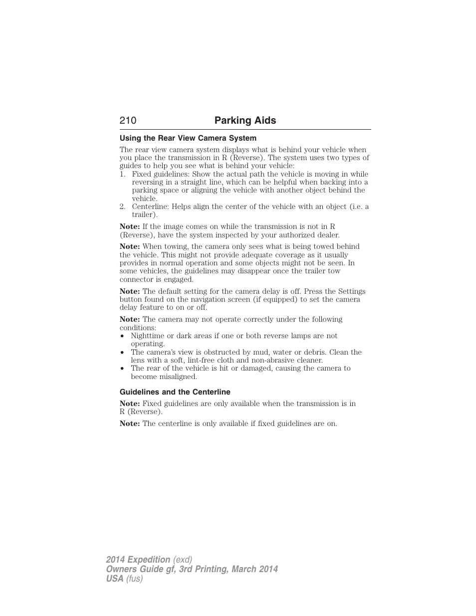 Using the rear view camera system, Guidelines and the centerline, 210 parking aids | FORD 2014 Expedition v.3 User Manual | Page 211 / 520