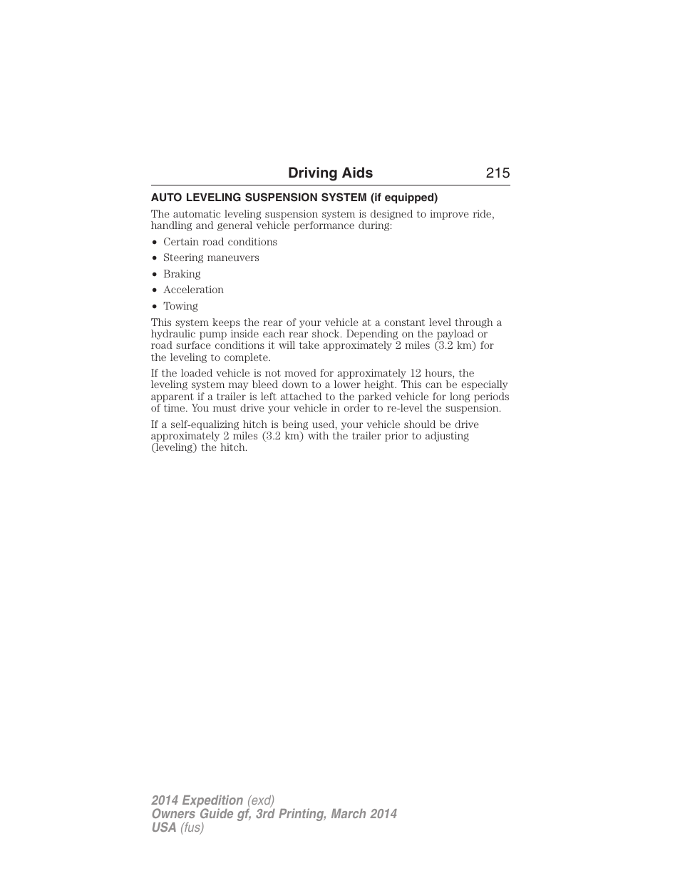 Auto leveling suspension system (if equipped), Auto leveling suspension | FORD 2014 Expedition v.3 User Manual | Page 216 / 520