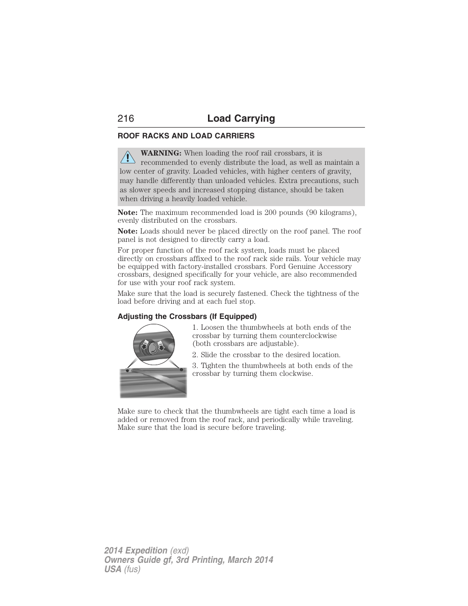 Load carrying, Roof racks and load carriers, Adjusting the crossbars (if equipped) | 216 load carrying | FORD 2014 Expedition v.3 User Manual | Page 217 / 520