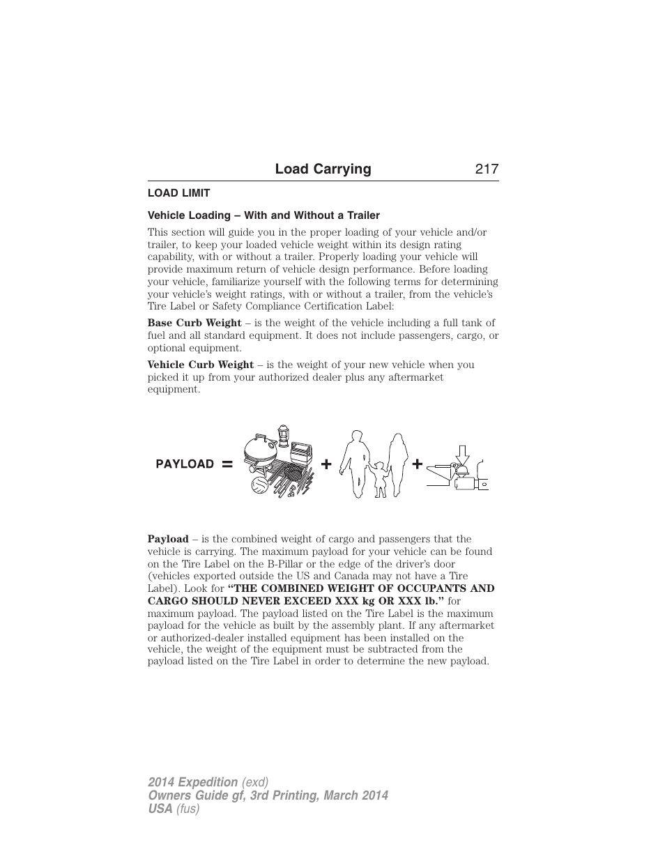 Load limit, Vehicle loading – with and without a trailer, Vehicle loading | Load carrying 217 | FORD 2014 Expedition v.3 User Manual | Page 218 / 520