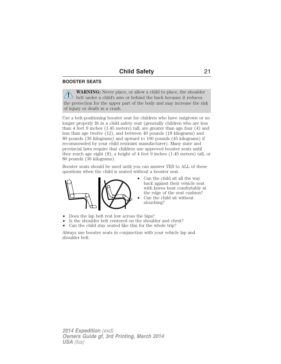 Booster seats, Child safety 21 | FORD 2014 Expedition v.3 User Manual | Page 22 / 520