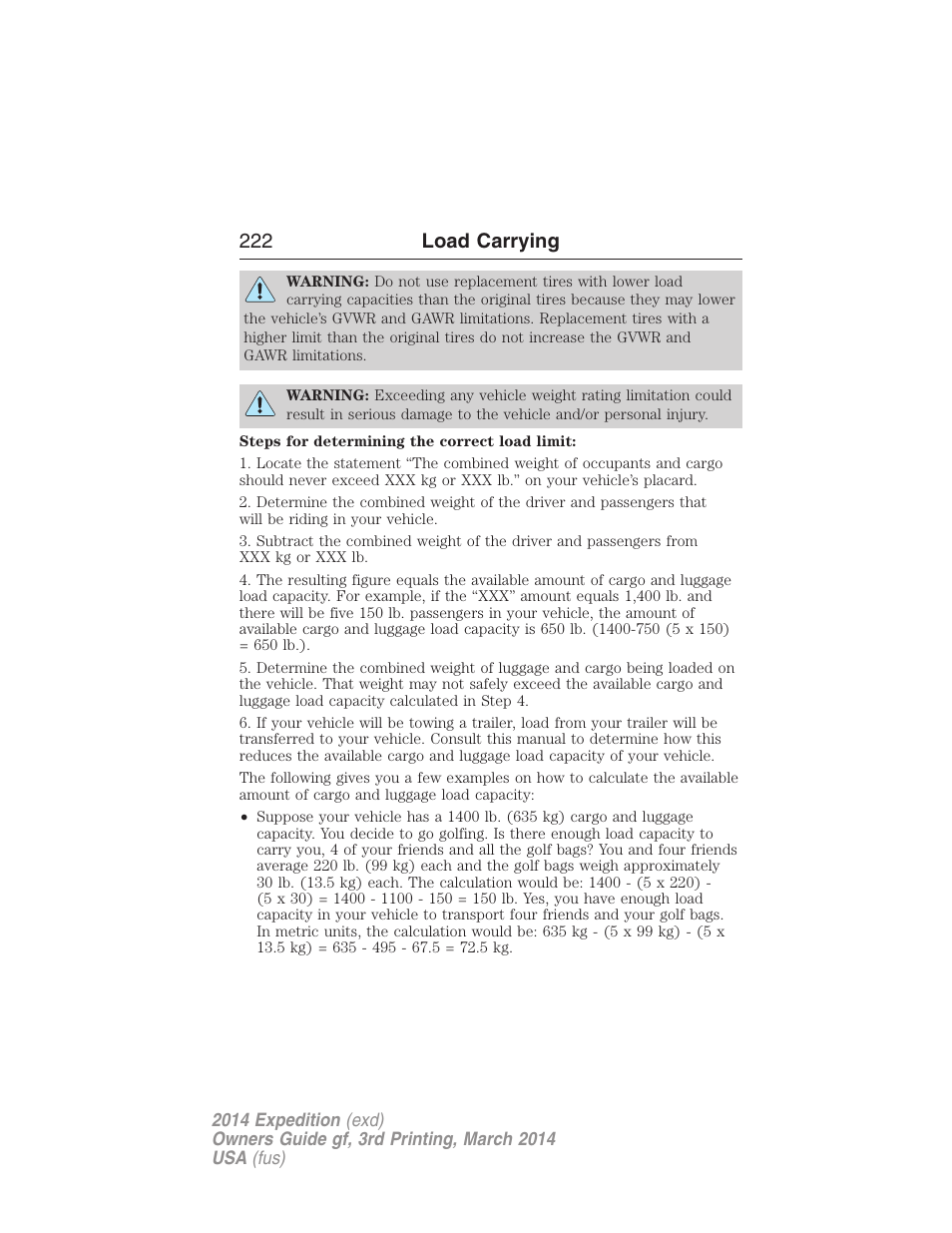 222 load carrying | FORD 2014 Expedition v.3 User Manual | Page 223 / 520
