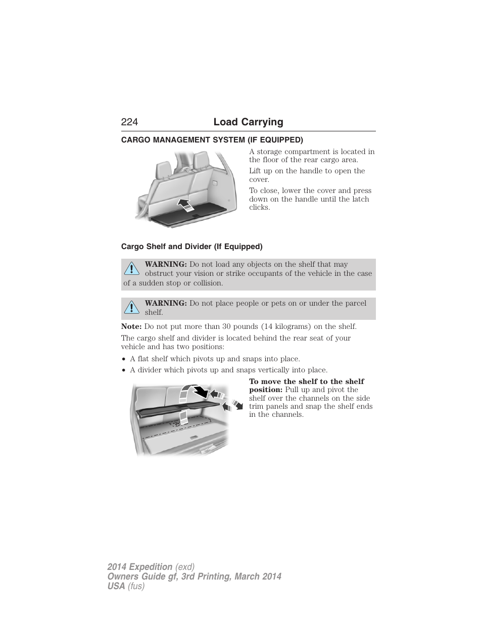 Cargo management system (if equipped), Cargo shelf and divider (if equipped), Cargo management system | 224 load carrying | FORD 2014 Expedition v.3 User Manual | Page 225 / 520