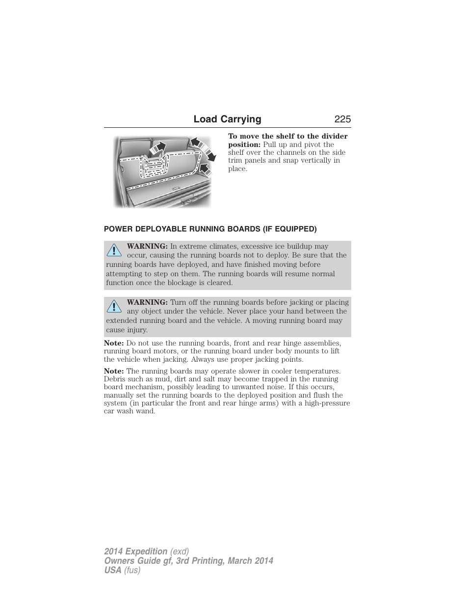 Power deployable running boards (if equipped), Load carrying 225 | FORD 2014 Expedition v.3 User Manual | Page 226 / 520