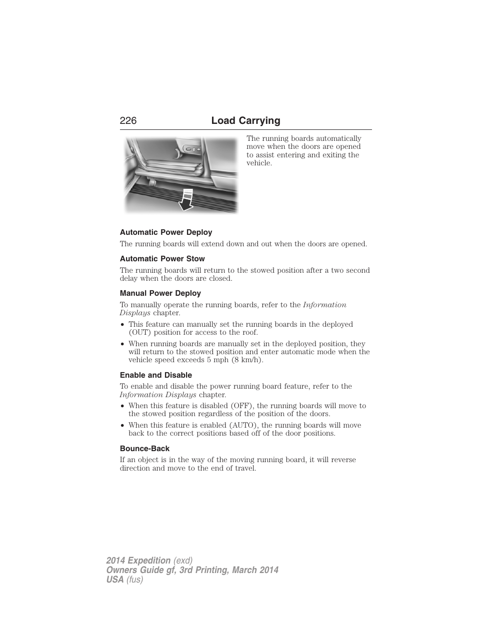 Automatic power deploy, Automatic power stow, Manual power deploy | Enable and disable, Bounce-back, 226 load carrying | FORD 2014 Expedition v.3 User Manual | Page 227 / 520