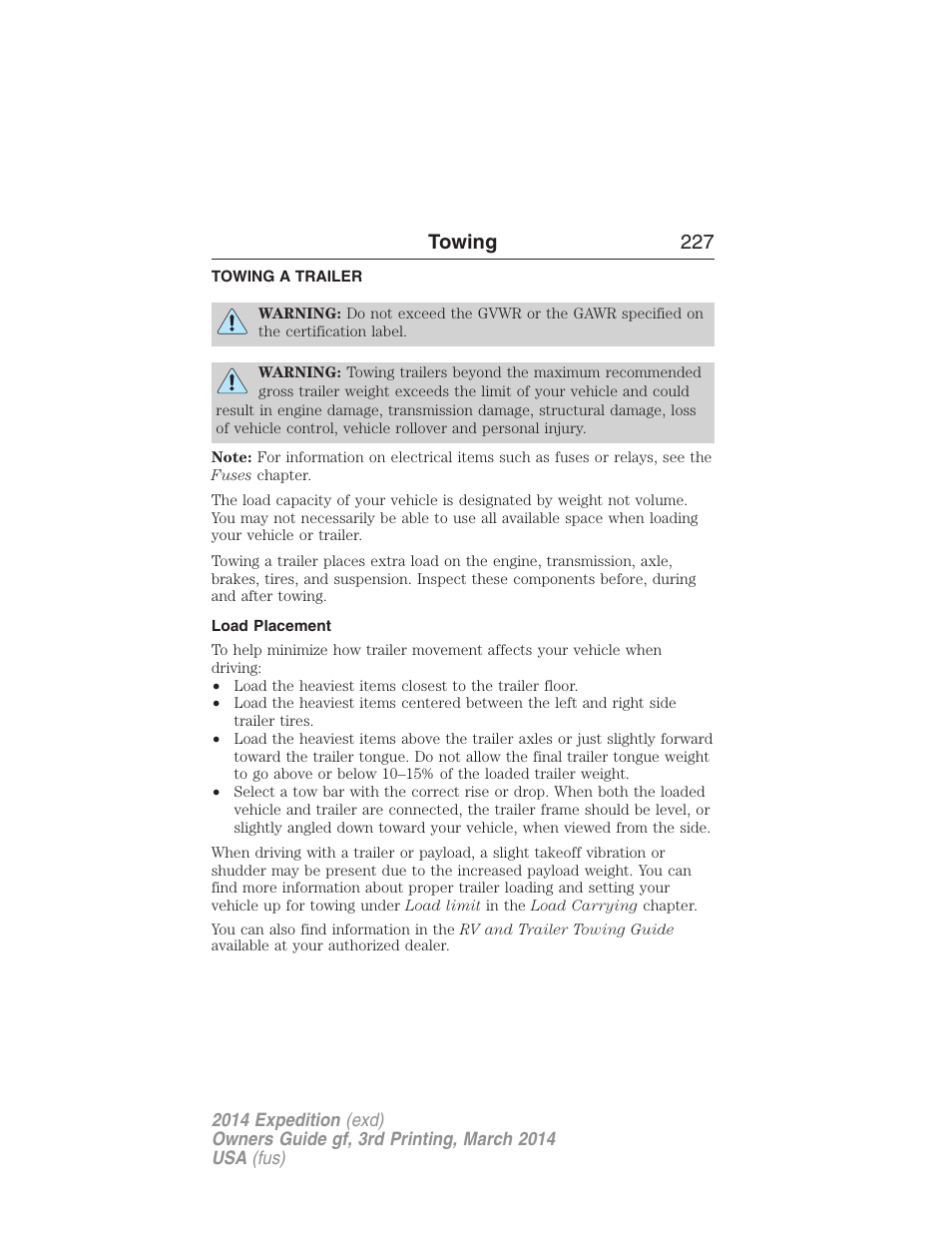Towing, Towing a trailer, Load placement | Trailer towing, Towing 227 | FORD 2014 Expedition v.3 User Manual | Page 228 / 520