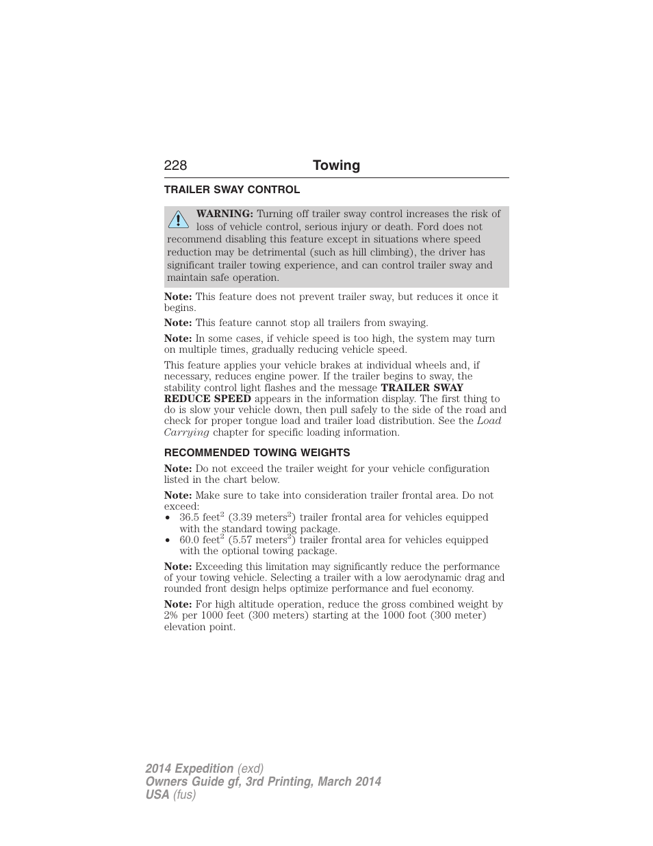 Trailer sway control, Recommended towing weights, 228 towing | FORD 2014 Expedition v.3 User Manual | Page 229 / 520