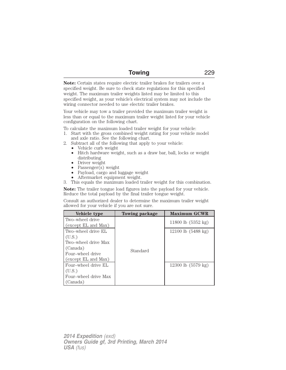 Towing 229 | FORD 2014 Expedition v.3 User Manual | Page 230 / 520