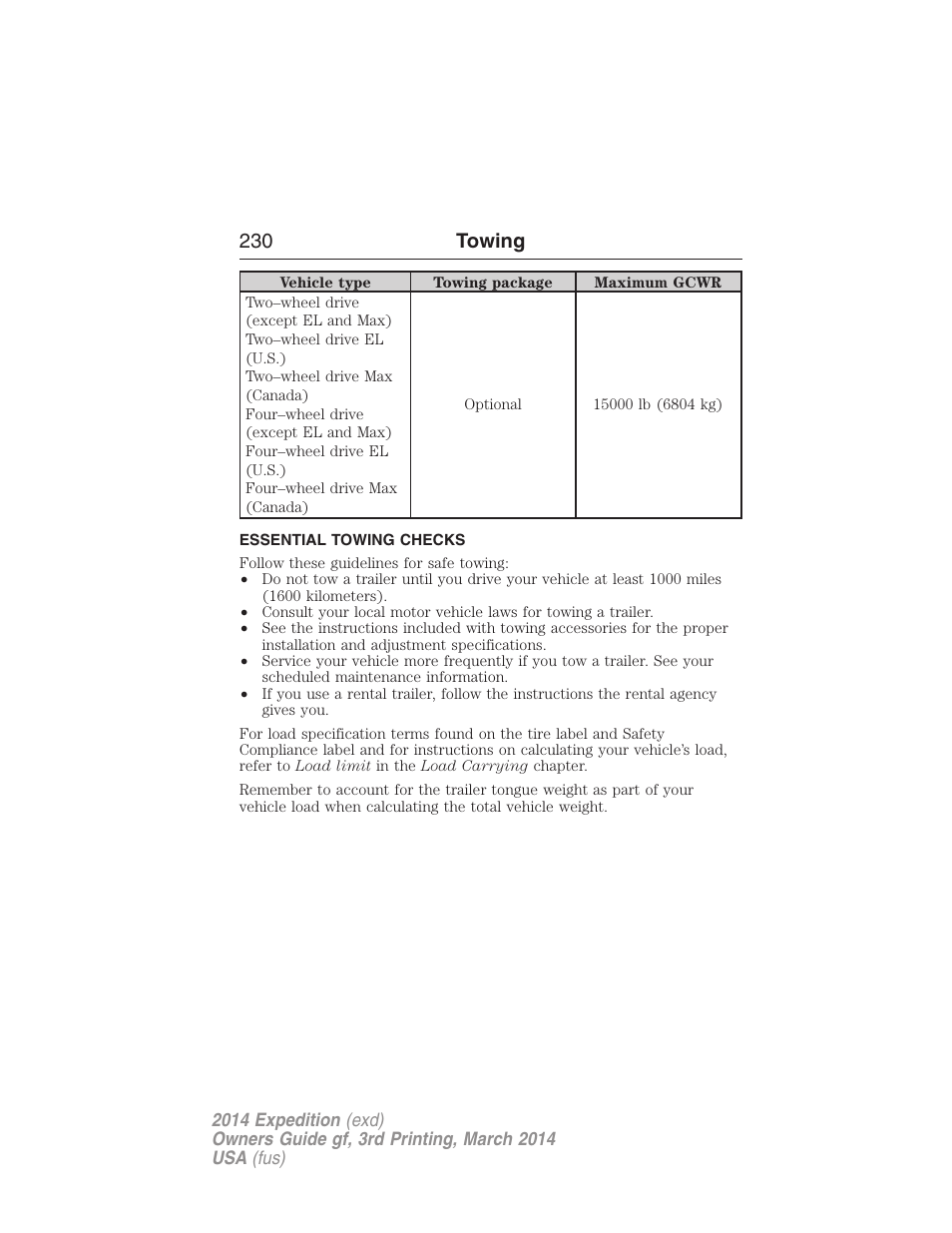 Essential towing checks, 230 towing | FORD 2014 Expedition v.3 User Manual | Page 231 / 520