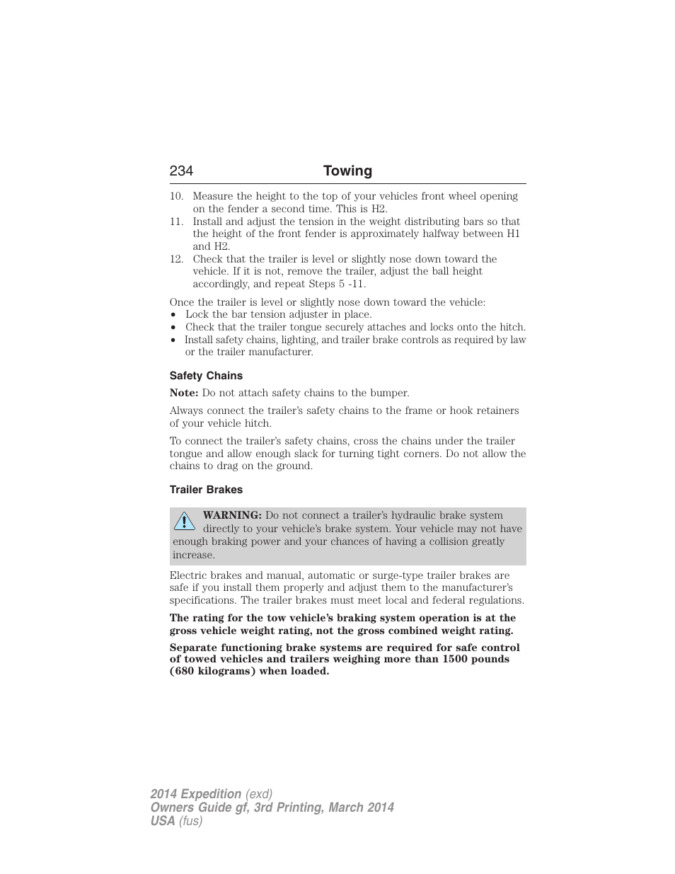 Safety chains, Trailer brakes, 234 towing | FORD 2014 Expedition v.3 User Manual | Page 235 / 520