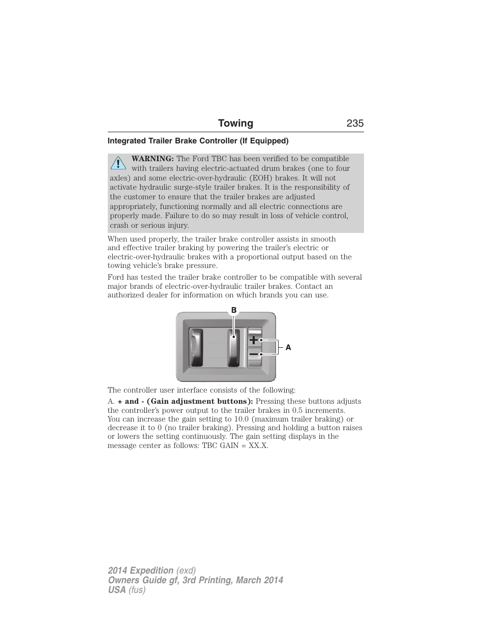Integrated trailer brake controller (if equipped), Trailer brake controller-integrated, Towing 235 | FORD 2014 Expedition v.3 User Manual | Page 236 / 520