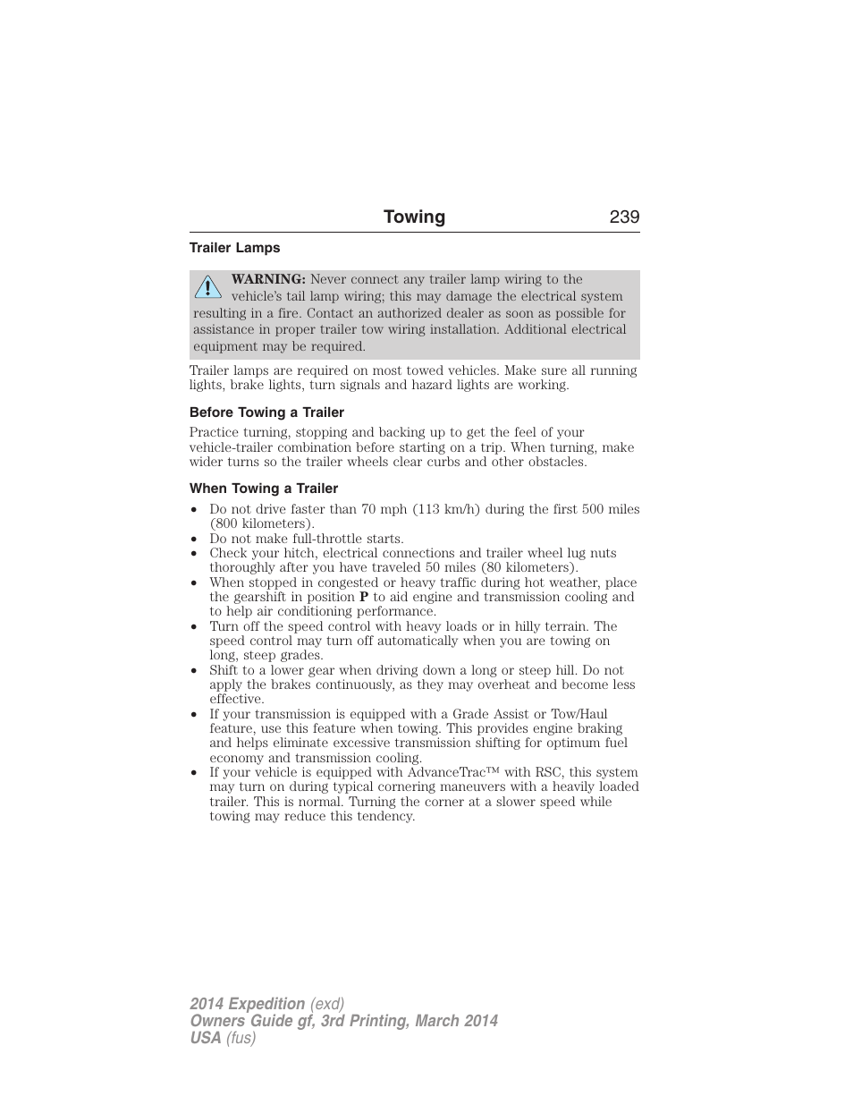 Trailer lamps, Before towing a trailer, When towing a trailer | Towing 239 | FORD 2014 Expedition v.3 User Manual | Page 240 / 520