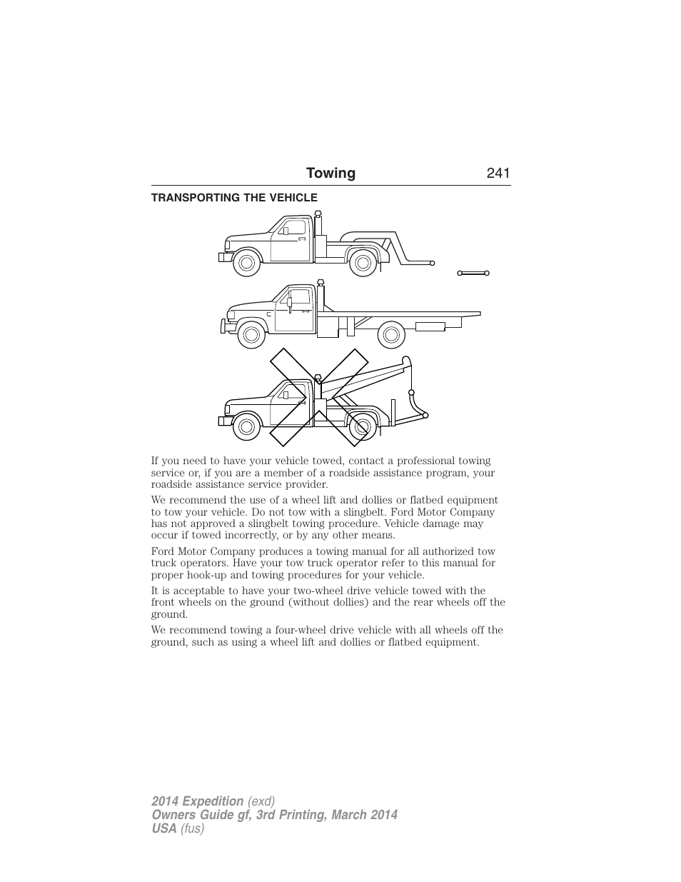 Transporting the vehicle, Wrecker towing, Towing 241 | FORD 2014 Expedition v.3 User Manual | Page 242 / 520