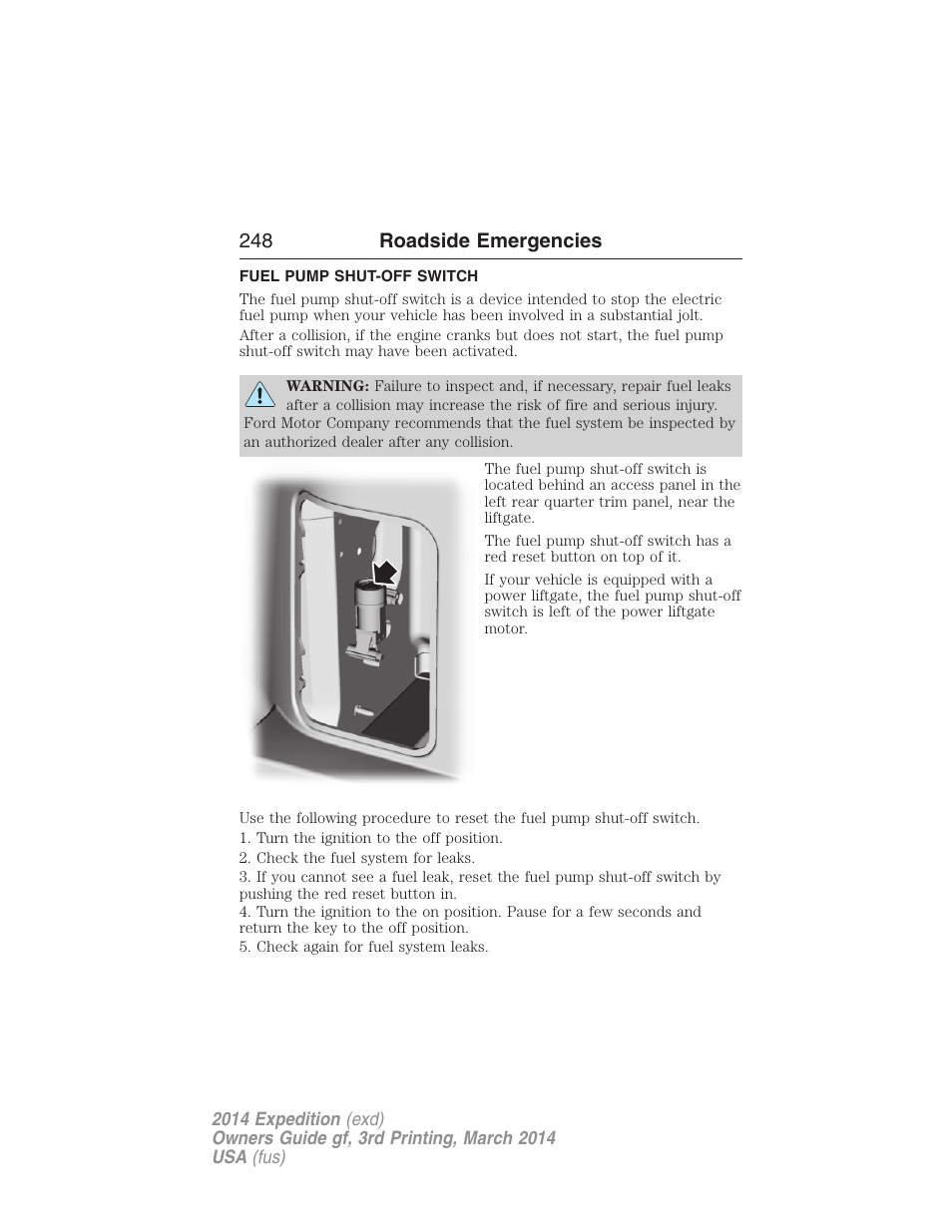 Fuel pump shut-off switch, 248 roadside emergencies | FORD 2014 Expedition v.3 User Manual | Page 249 / 520